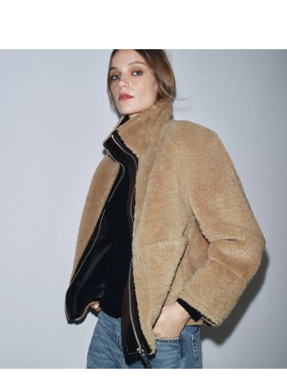 ZARA Women’s Camel Teddy Bomber Jacket - Cozy Zip Front